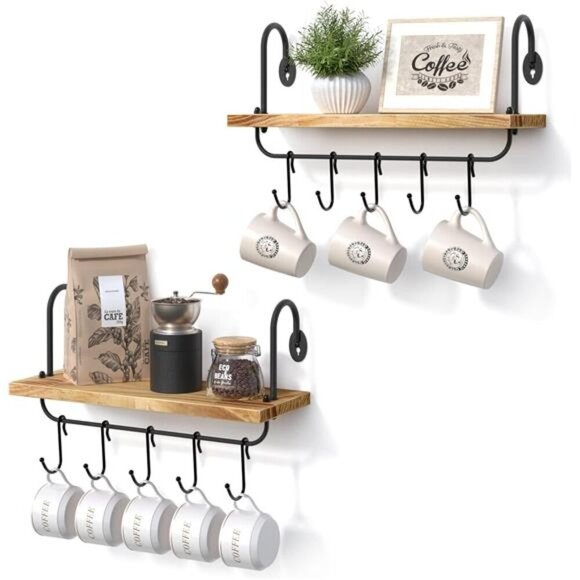 Floating Wall Shelves for Kitchen Bathroom Coffee Nook with 10 Adjustable Hooks - Picture 1 of 6